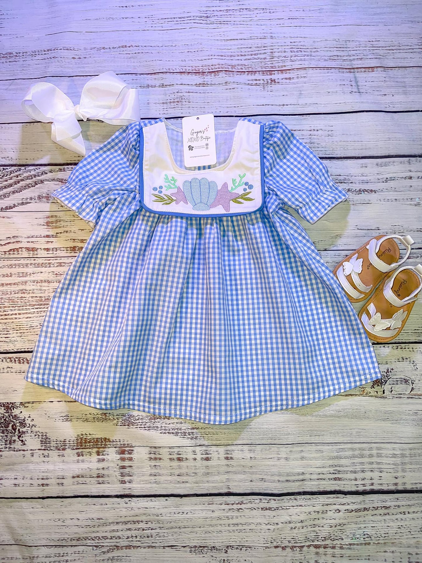 Blue Gingham, Embroidered Seashell Dress