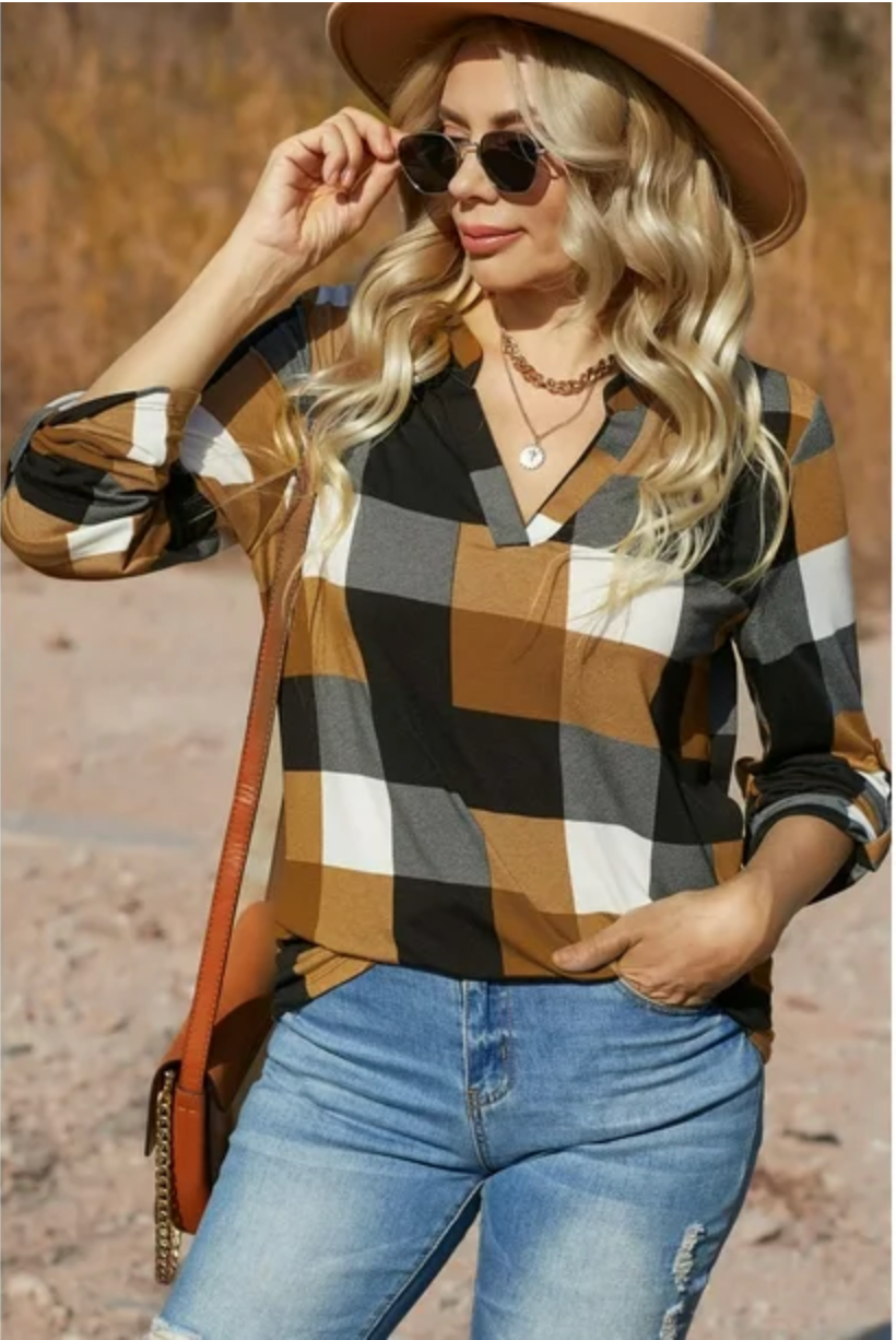 Women's Black & Cinnamon Brown, Checked Plaid Shirt