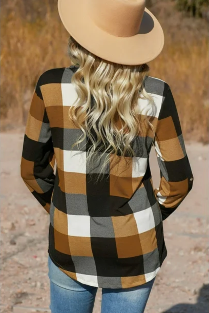 Women's Black & Cinnamon Brown, Checked Plaid Shirt