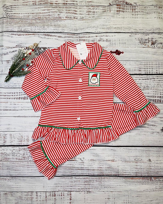 Girls Christmas, red & white striped button up top with pants pajama set. Santa Embroidered