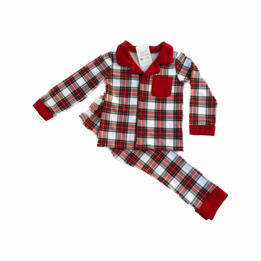 Boys Traditional Plaid Pajamas with Red Cuffs & Collar