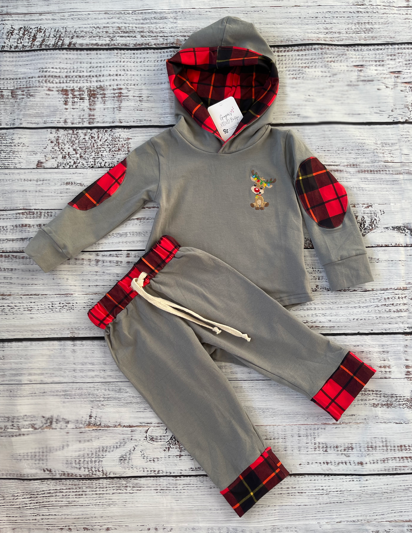 Boys Pants Set with Reindeer Embroidered Hoodie