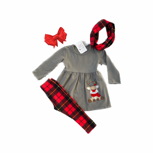 Casual Holiday Girls Peplum Top, Plaid Scarf & Matching Plaid Leggings with embroidered Reindeer