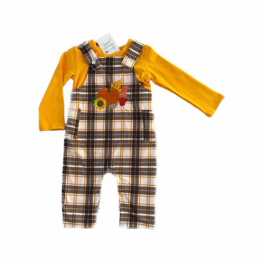 Boys Holiday Fall Plaid Overalls & Long Sleeve Shirt with pumpkin embroidery