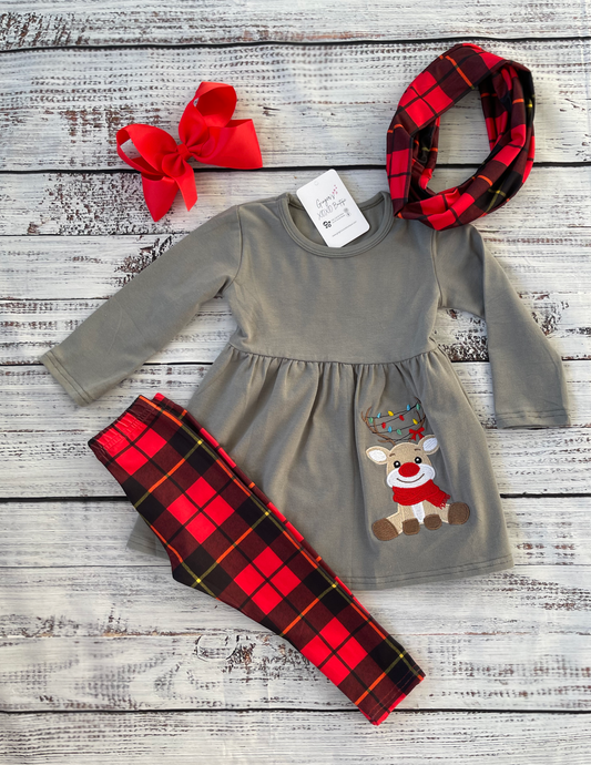 Girls Peplum Top, Plaid Scarf & Matching Plaid Leggings with embroidered Reindeer