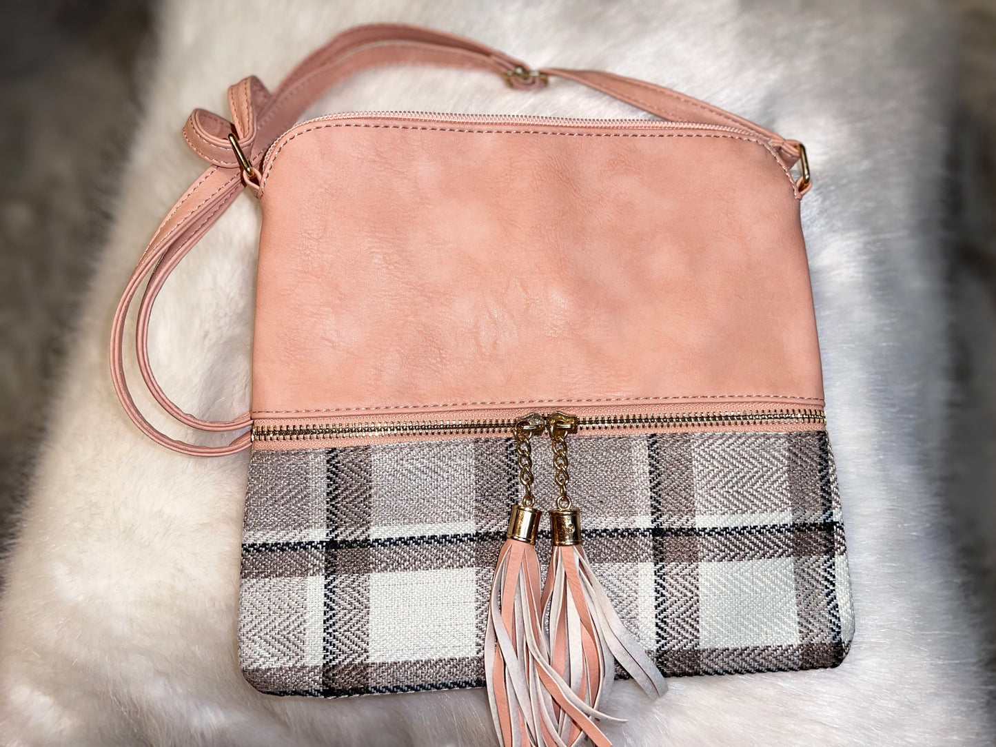 Pink Leather & Gray Tweed Print Crossbody Purse