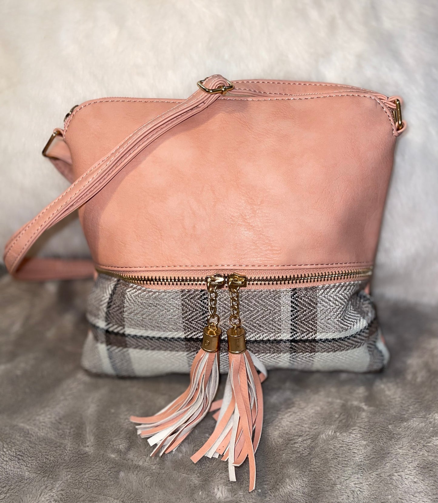 Pink Leather & Gray Tweed Print Crossbody Purse