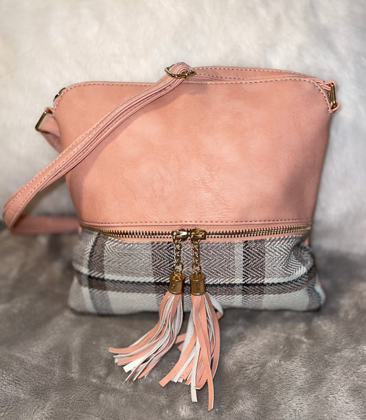 Pink Leather & Gray Tweed Print Crossbody Purse