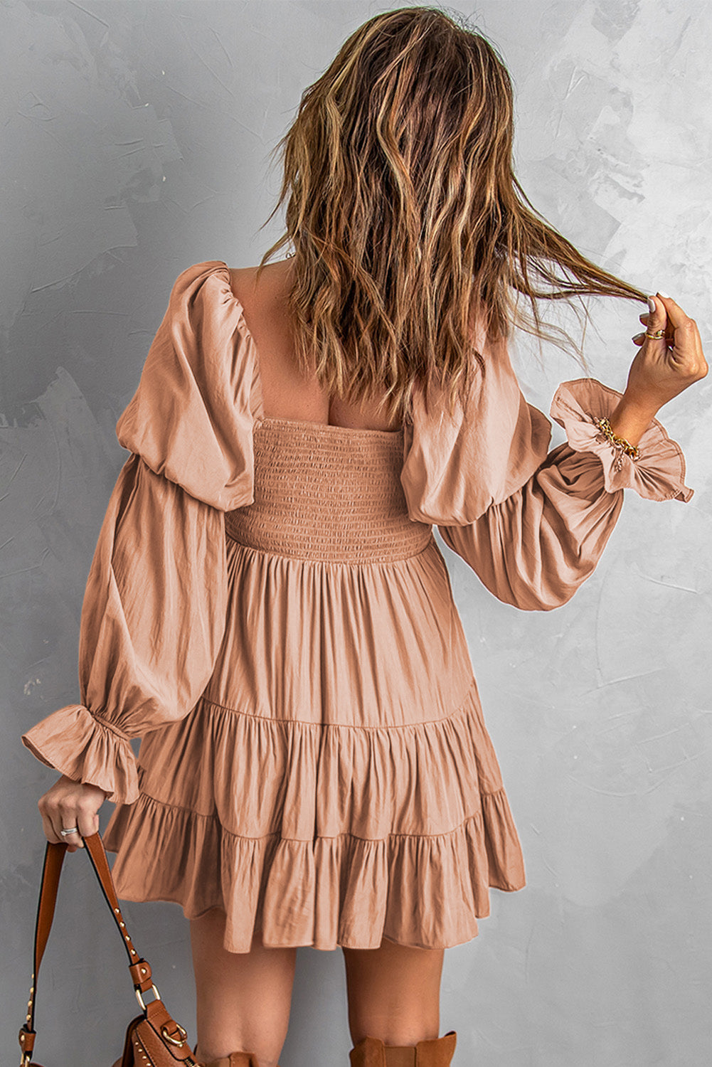 Boho Solid Shirred Ruffle Long Sleeve Mini Dress