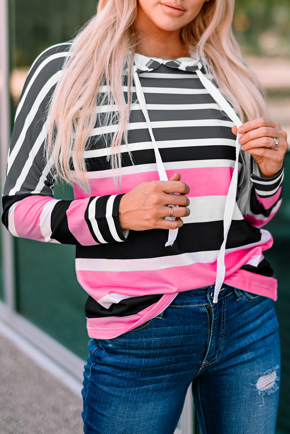 Women's Pink Striped Drawstring Long Sleeve Hoodie