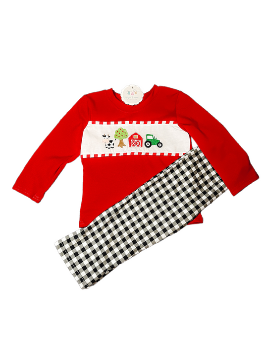 Farm embroidered red shirt with matching black & white gingham pants